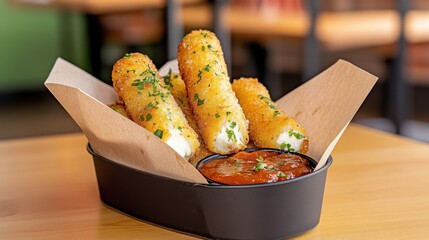 Crispy cheese sticks served with marinara sauce in a black basket, garnished with herbs, perfect for snacking.