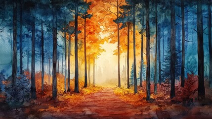 Obraz premium Watercolor painting of a forest. Suitable for nature themed designs, posters, and greeting cards.