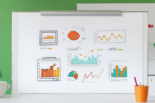 Informative infographic illustration on a whiteboard presenting various business data and statistical graphics