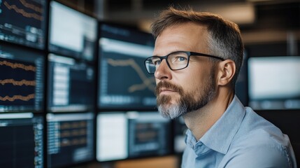 Obraz premium Logistics Manager in Control Room Monitoring Ship Operations with Advanced Technology Displays