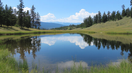 Obraz premium Tranquil lake reflecting clouds and trees under a clear blue sky in nature