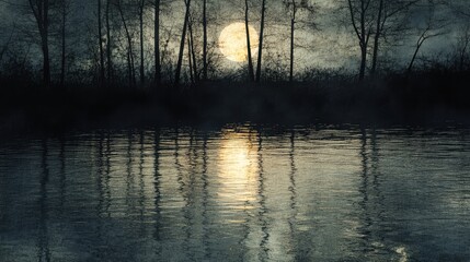 Moonlight reflecting on the water surface, creating a mystical atmosphere