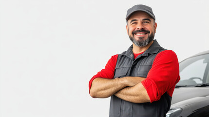 Skilled mechanic smiling confidently with arms crossed, standing near car