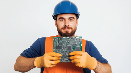 Professional technician wearing safety gloves and helmet, holding circuit board proudly