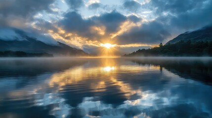 Fototapeta premium Morning light breaking through clouds, casting reflections on rippling water