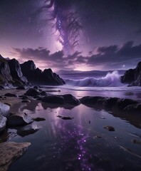 Glittering stars reflected in a purple ocean wave on a rocky shore, wave, ocean