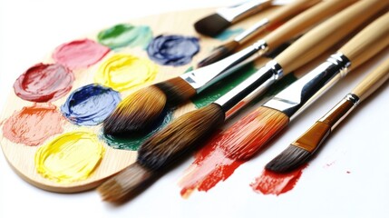 Obraz premium Oil painting brushes and applied oil paintings