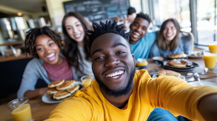 Young adults enjoying breakfast together, sharing playful vibes and smiles