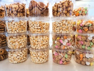 Singapore: Assorted Biscuits For Sale On Supermarket Shelves. Assorted Biscuits in plastic tabs for Sale On Supermarket Shelves Retail industry of Singapore