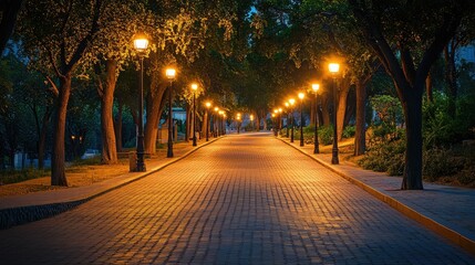 Old brick road illuminated by warm yellow streetlights, creating a cozy and historic feel