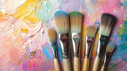 Obraz premium Oil painting brushes and applied oil paintings