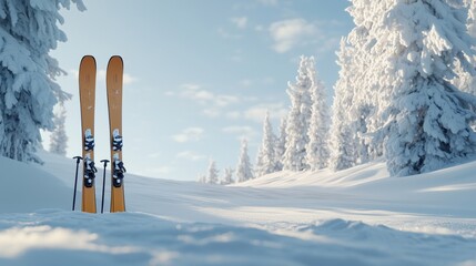 Winter skis and poles arranged neatly in fresh snow, with snow-covered trees in the distance.