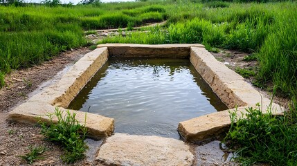Fototapeta premium Stone Water Trough in Lush Green Field - Nature and serenity