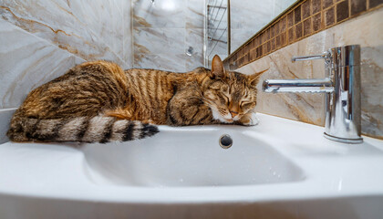 cat sleeps in the bathroom on a white marble sink, an AI-powered design tool, and further refined to meet high-quality standards.