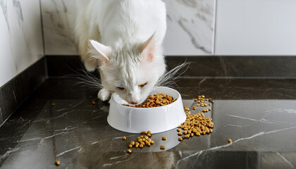 white Maine Coon cat is eating food, food falls on the dirty floor, an AI-powered design tool, and further refined to meet high-quality standards.