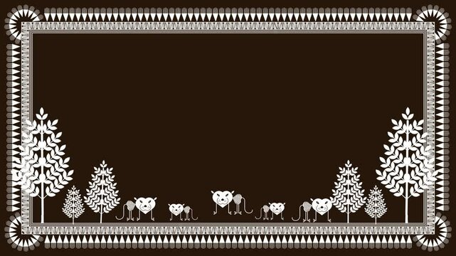 Warli art features in a traditional tribal frame, the tarpa Warli art tree