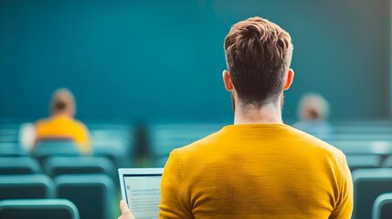 Man using tablet in auditorium, rear view - Back view photography