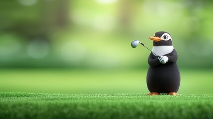 Naklejka premium Cute Penguin Golfer on Green Grass Golfing Fun Animal Sports Illustration