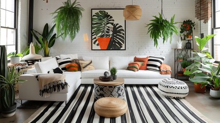 Fototapeta premium Modern Scandinavian living room with a white sofa, black-and-white striped rug, and pops of green from hanging indoor plants. interior design concept 