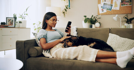 Calm, dog and phone with woman on sofa for bonding, social media post and pet adoption. Relax,...