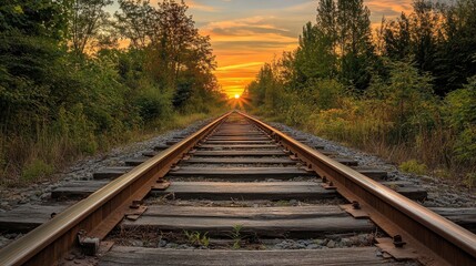 Obraz premium Abandoned train tracks in the middle of the forests, tall trees and sunset background