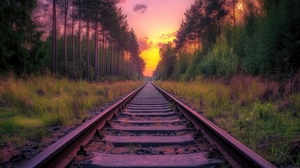 Obraz premium Abandoned train tracks in the middle of the forests, tall trees and sunset background