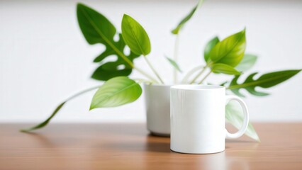 Modern Home Decor: White Mug and Green Plant on Wooden Table