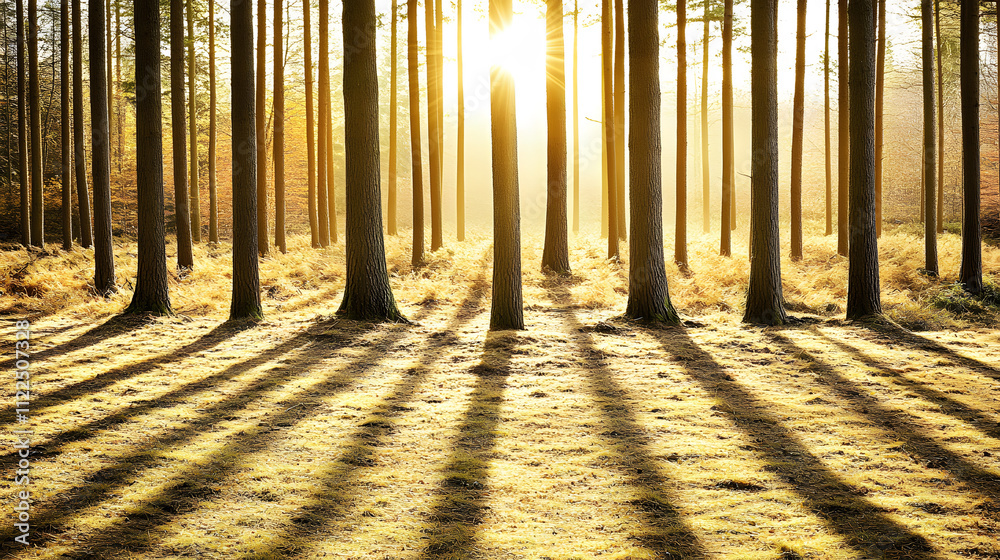 Poster a serene forest scene with sunlight filtering through tall trees, casting long shadows on the ground