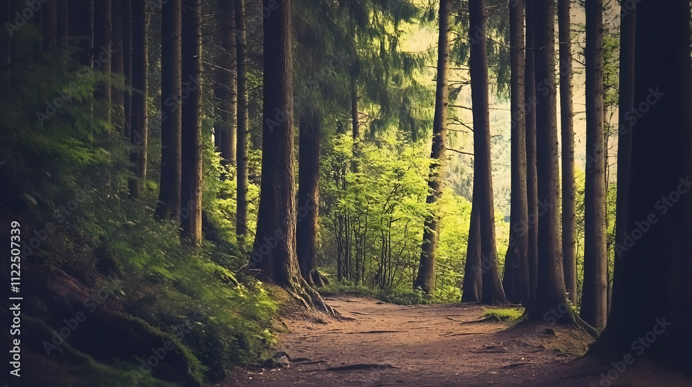 Poster a serene forest path surrounded by tall trees, with vibrant greenery and soft sunlight filtering thr