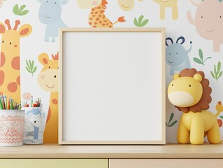 Fototapeta premium A blank rectangular frame propped on a dresser in a kid s room, colorful wall decals of animals in the background, vibrant and fun