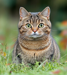 Fototapeta premium A cat is standing in a grassy field with its eyes wide open. The cat appears to be staring at the camera, possibly curious or alert. Concept of calm and tranquility