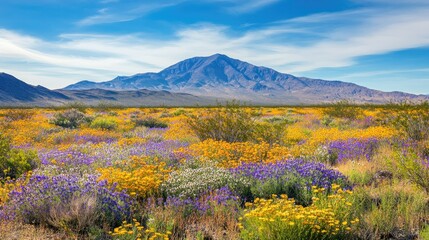 Obraz premium Colorful Wildflower Field with Mountain Under Clear Blue Sky