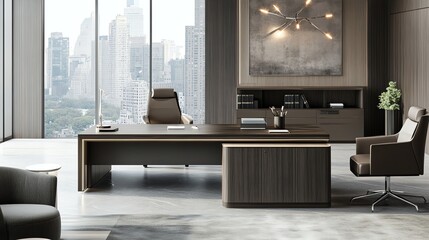 Fototapeta premium Modern office interior with city view, sleek furniture, minimalistic design aesthetic.