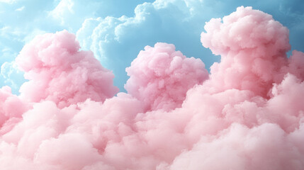 Fototapeta premium Soft pink and purple clouds create dreamy atmosphere against blue sky, evoking sense of calm and tranquility. fluffy formations resemble cotton candy, enhancing whimsical feel