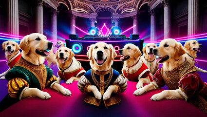 a group of golden retriever dogs at a rave, uniquely themed after the Renaissance era
