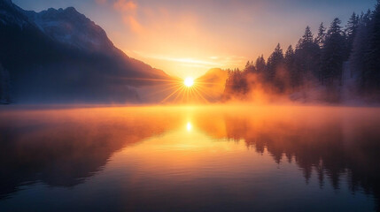 Fototapeta premium Beautiful sunrise over calm lake surrounded by mountains and trees in tranquil nature setting