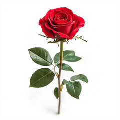 Naklejka premium A single red rose with green leaves and a long stem, isolated on a white background