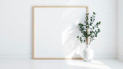 Fototapeta premium Modern Minimalist Interior with Blank Frame and Eucalyptus Plant - Perfect for Home Decor, Interior Design, and Art Display