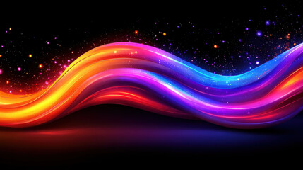 Obraz premium Dynamic light trails create vibrant wave of colors, blending orange, pink, and blue against dark background, evoking sense of energy and movement