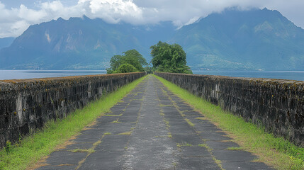 Fototapeta premium scenic view of pathway leading towards mountains, surrounded by water and greenery, evokes sense of tranquility and adventure