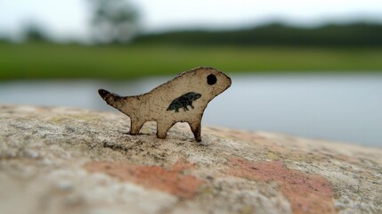 Obraz premium Whimsical Animal Figurine on Rustic Stone by Water