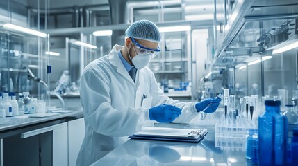 Naklejka premium Scientist in a Lab Coat Working with Test Tubes and a Clipboard