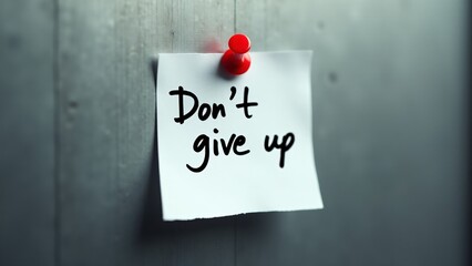 Close-up of a white post-it note with the phrase "Don't give up" handwritten in bold black ink, pinned to a gray metal surface with a red push pin. Elegant lighting highlights.