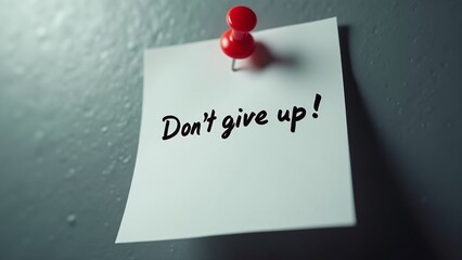 Close-up of a white post-it note with the phrase "Don't give up" handwritten in bold black ink, pinned to a gray metal surface with a red push pin. Elegant lighting highlights.