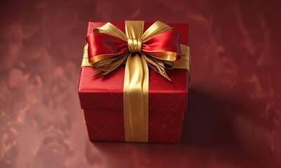Obraz premium A beautifully wrapped gift in a deep red color with a shining golden bow and ornate details, Christmas, festive, bow