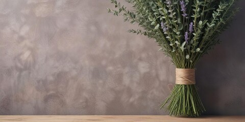 Fototapeta premium A bunch of lavender and eucalyptus branches tied with twine, herbal arrangements, floral arrangement, nature-inspired decor