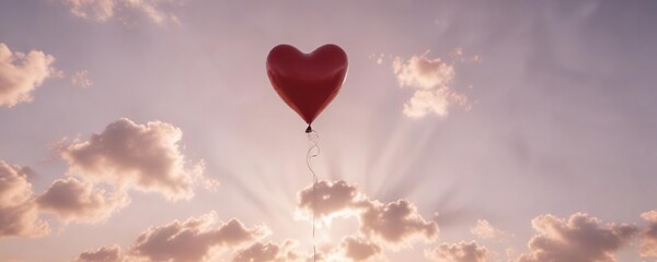 Obraz premium A heart-shaped balloon floating in the sky with a sunny background on Valentine's Day, heart, happy, sunshine