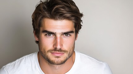 Obraz premium Handsome Young Man Studio Portrait Casual White T Shirt Brown Hair Close up