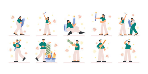 Fototapeta premium Fireworks celebration concept flat illustration set. Includes of festival fireworks, new year fireworks, and festival fireworks. Vector illustration isolated transparent background