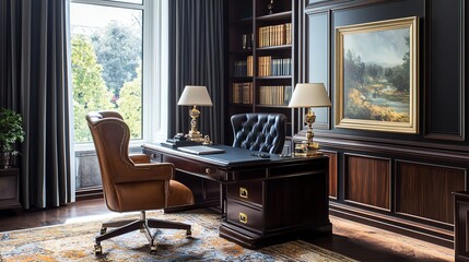 Fototapeta premium Elegant home office with leather chair, wooden desk, and large window view of garden.
